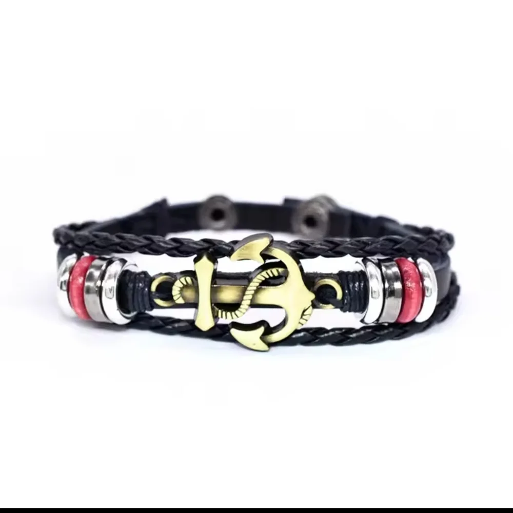 Men's Leather Bracelet Anchor Braided Layered NEW‎ f19